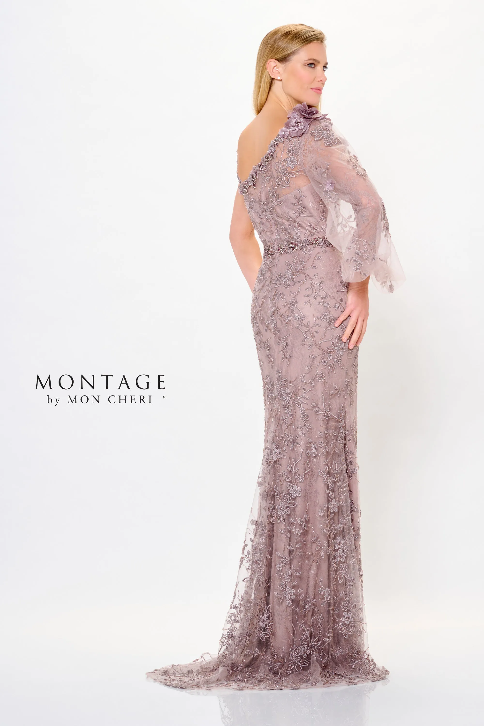 Embellished One Shoulder Gown with Floral Applique