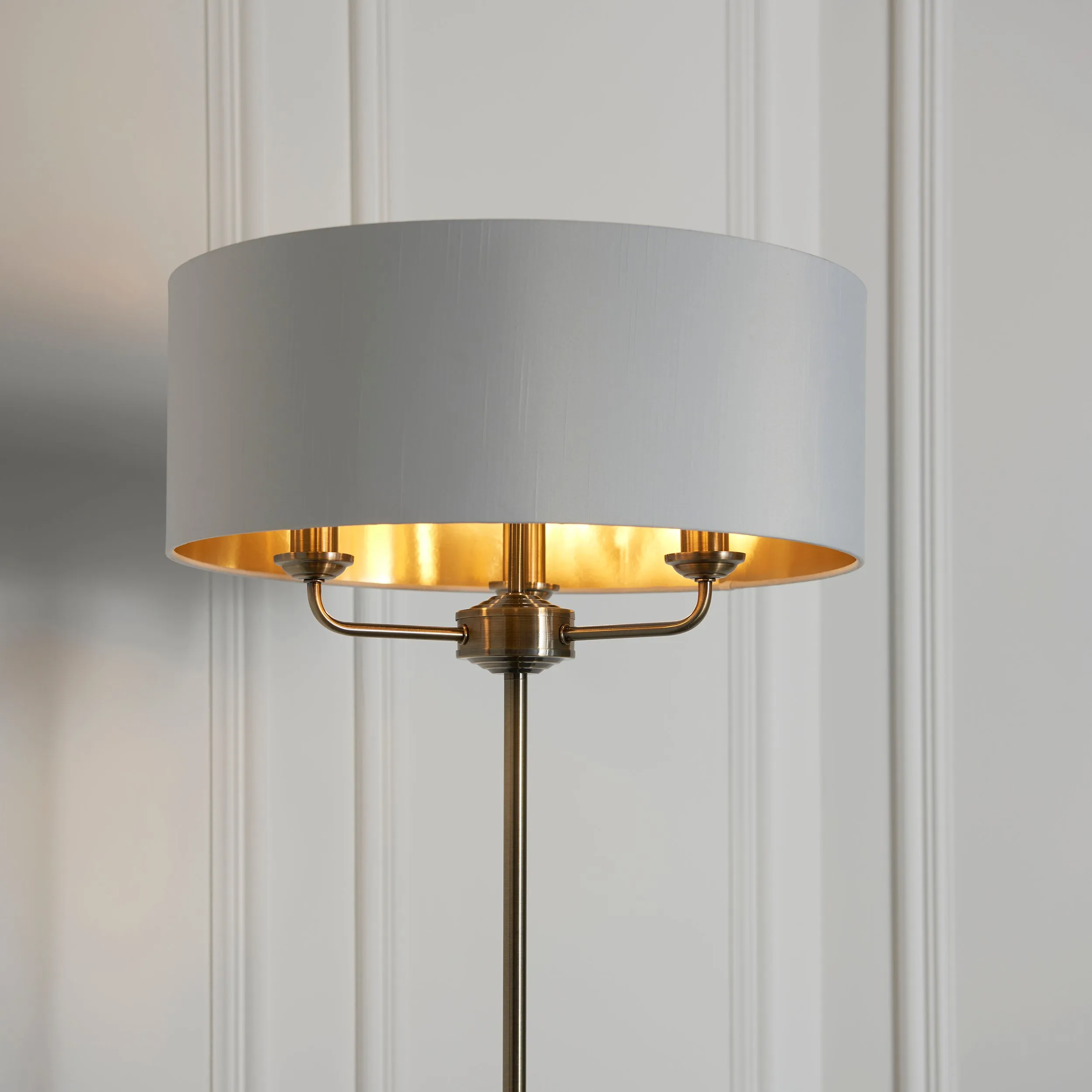 Endon 98935 Highclere 3lt Floor Antique brass plate & vintage white fabric 3 x 40W E14 candle (Required)