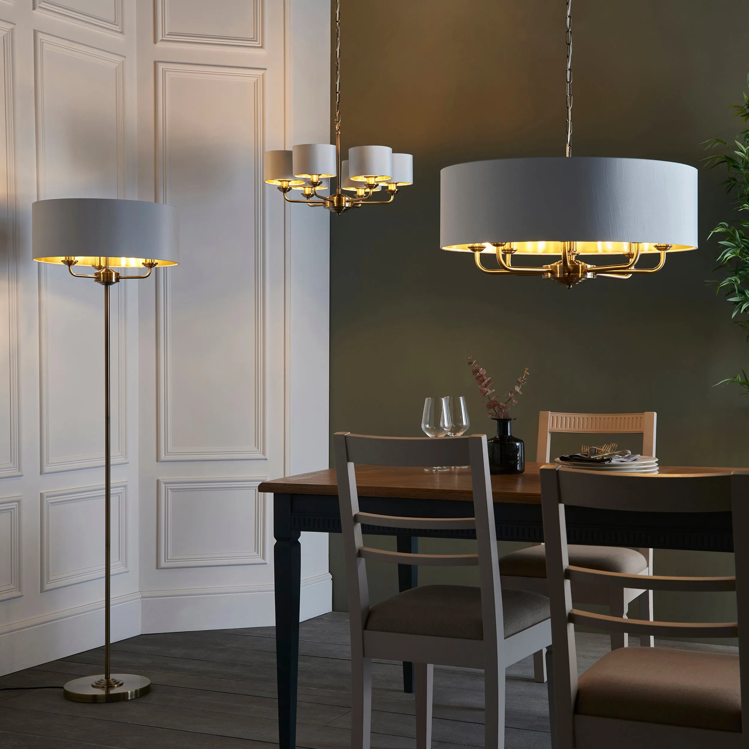 Endon 98936 Highclere 6lt Pendant Antique brass plate & vintage white fabric 6 x 28W E14 Eco golf (Required)