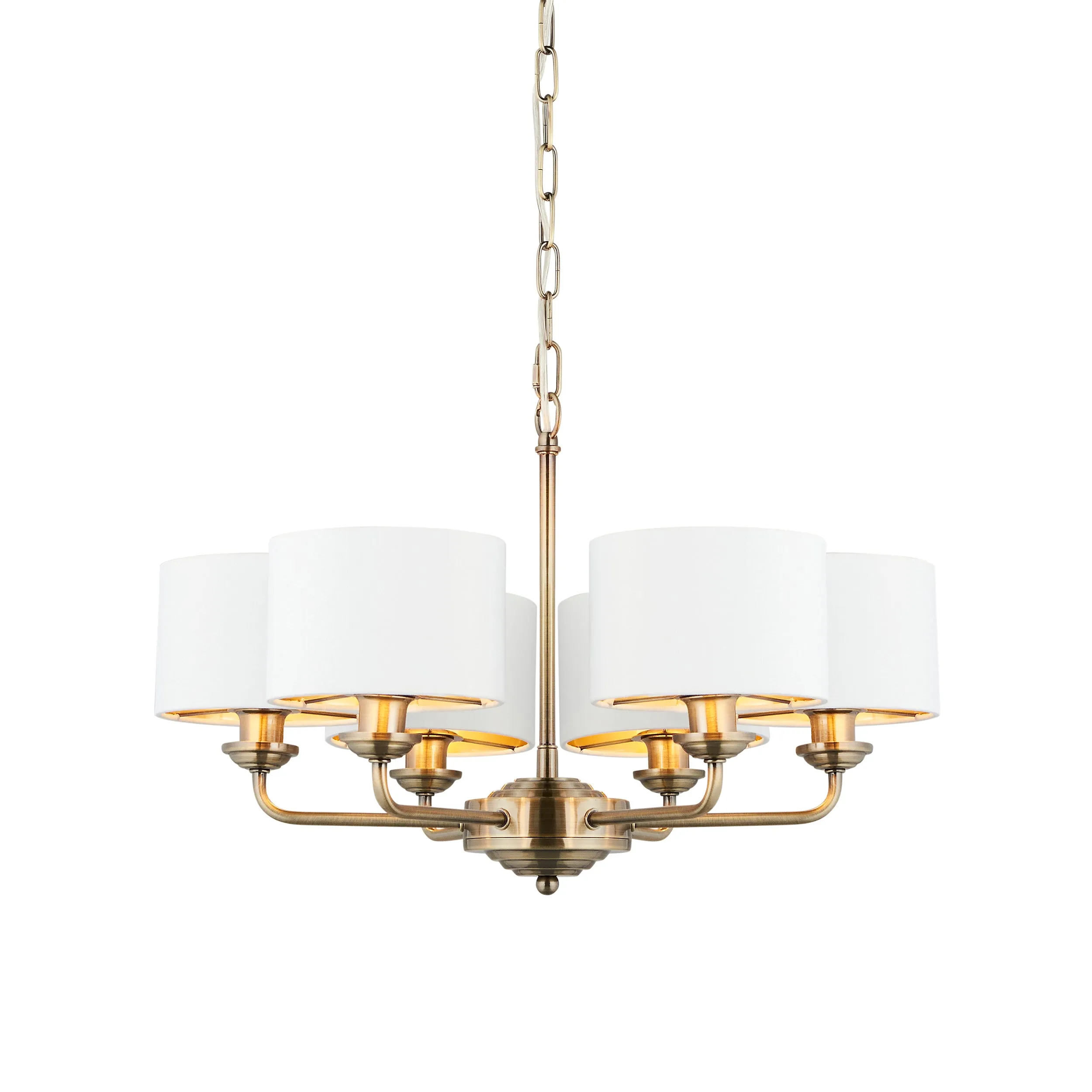 Endon 98936 Highclere 6lt Pendant Antique brass plate & vintage white fabric 6 x 28W E14 Eco golf (Required)