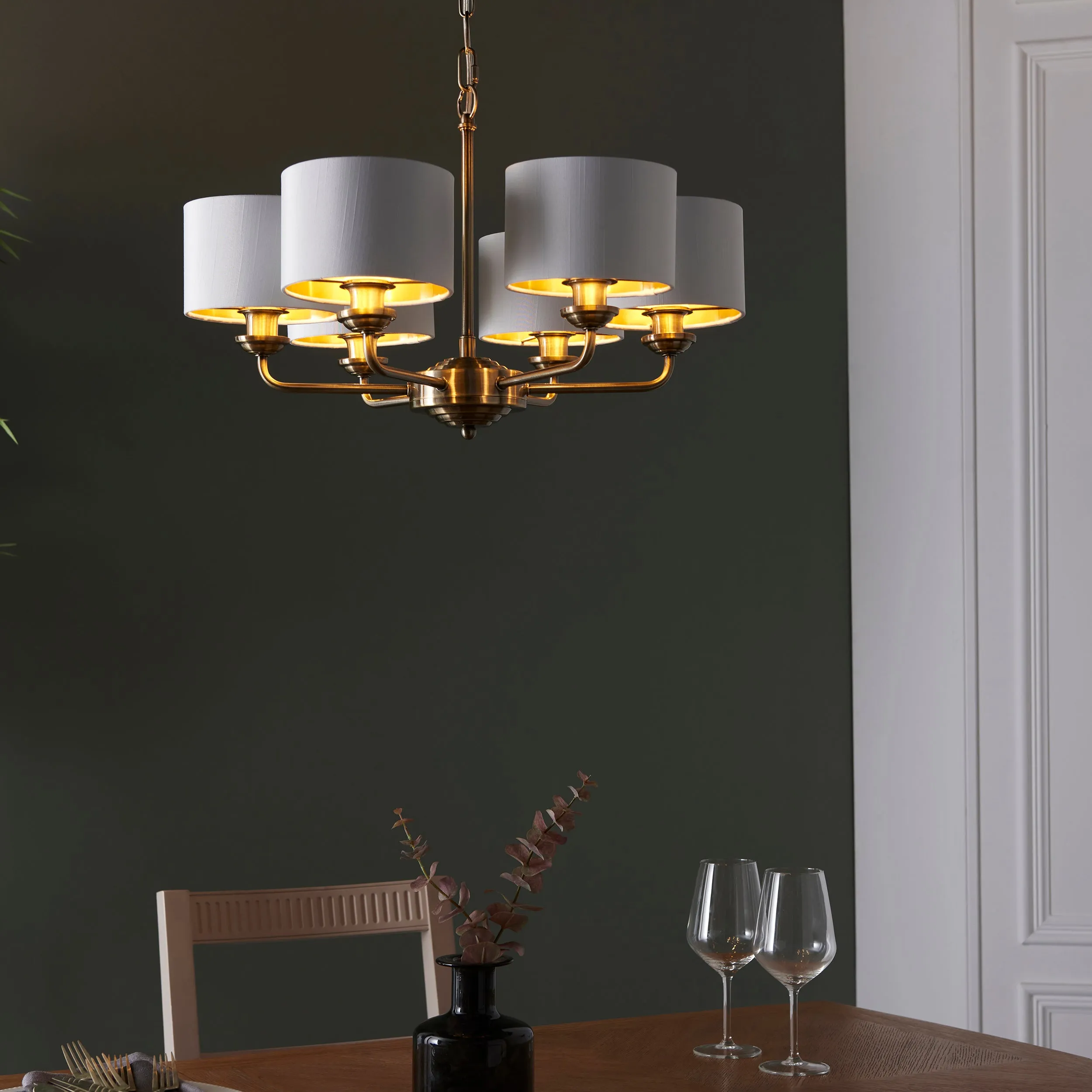 Endon 98936 Highclere 6lt Pendant Antique brass plate & vintage white fabric 6 x 28W E14 Eco golf (Required)