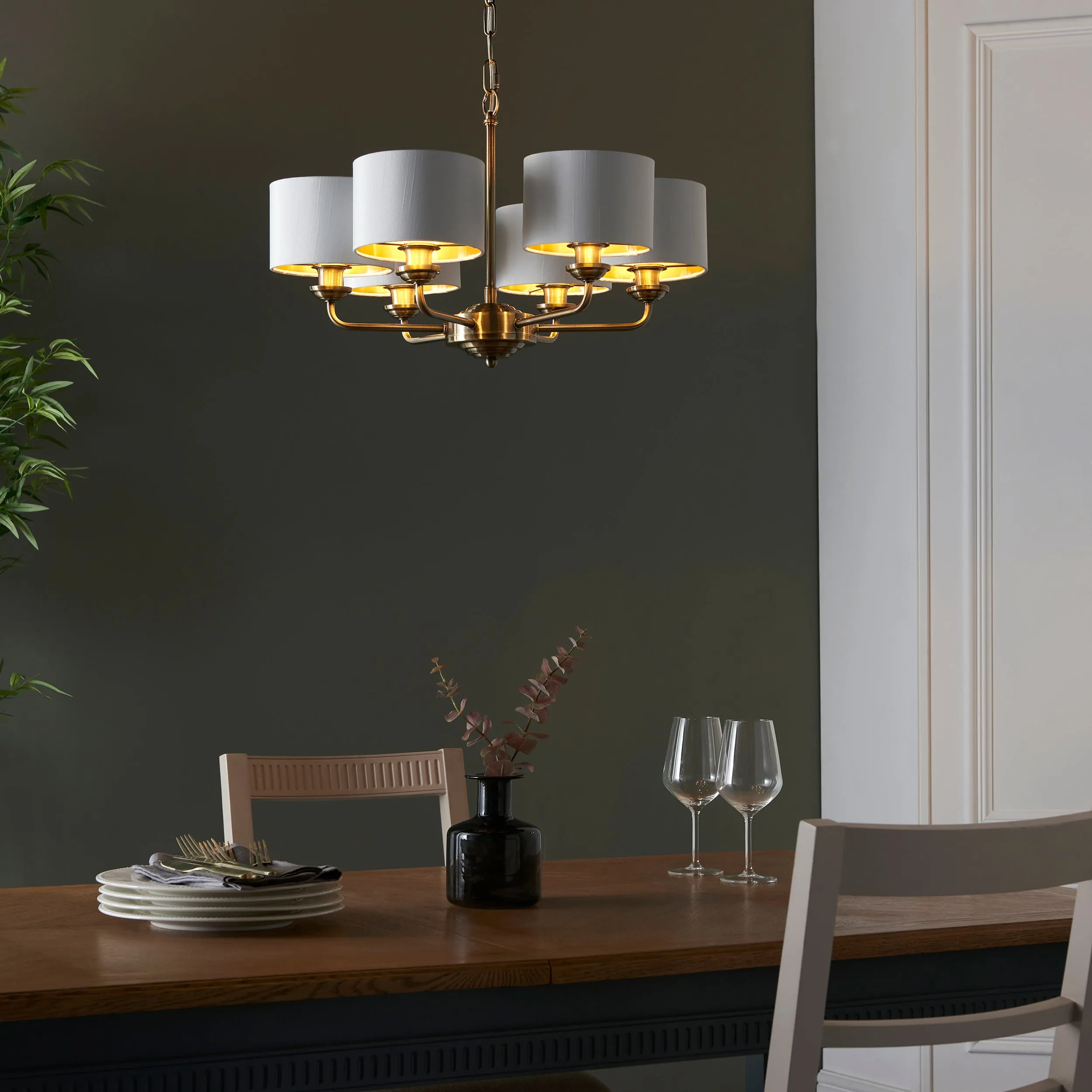 Endon 98936 Highclere 6lt Pendant Antique brass plate & vintage white fabric 6 x 28W E14 Eco golf (Required)