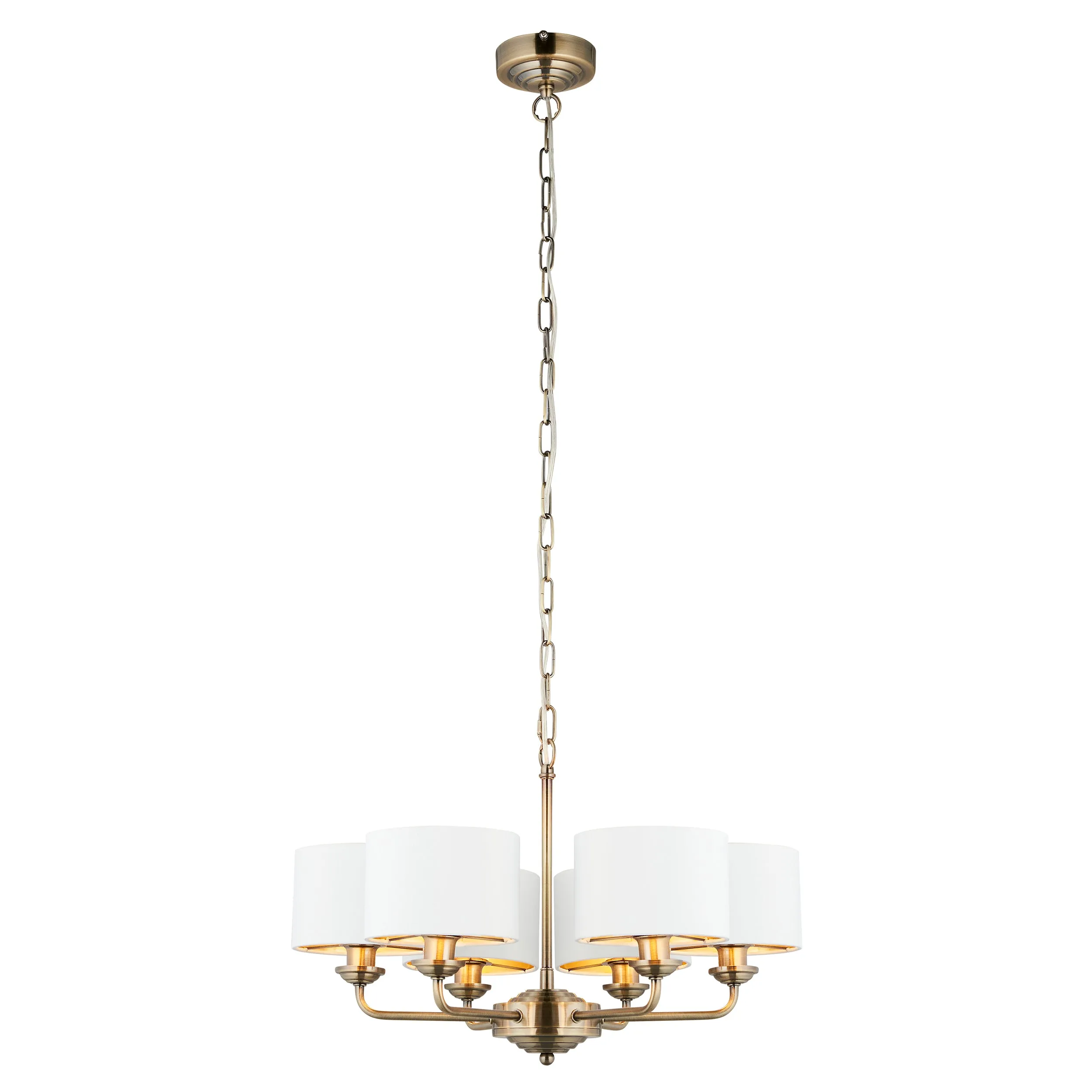 Endon 98936 Highclere 6lt Pendant Antique brass plate & vintage white fabric 6 x 28W E14 Eco golf (Required)