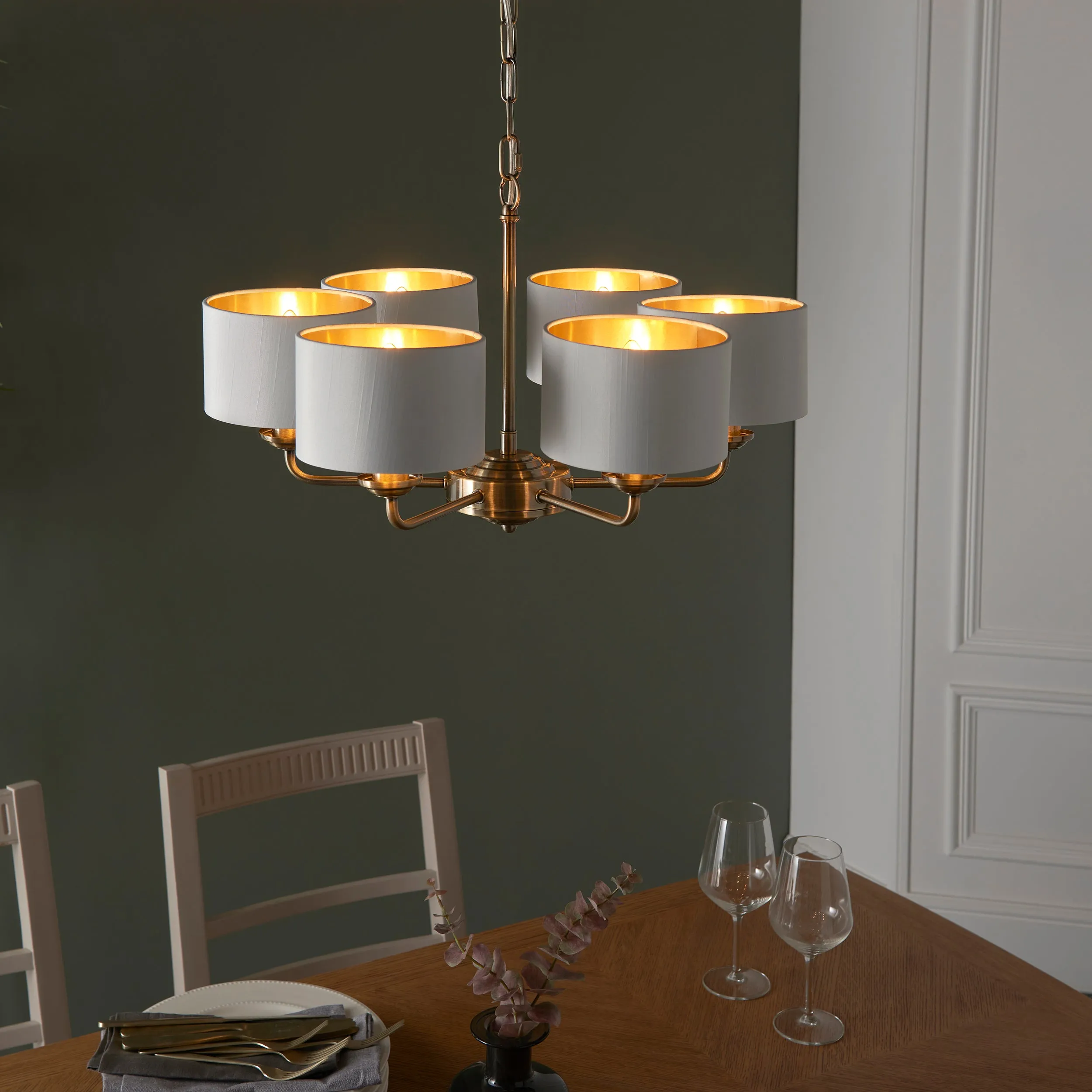 Endon 98936 Highclere 6lt Pendant Antique brass plate & vintage white fabric 6 x 28W E14 Eco golf (Required)