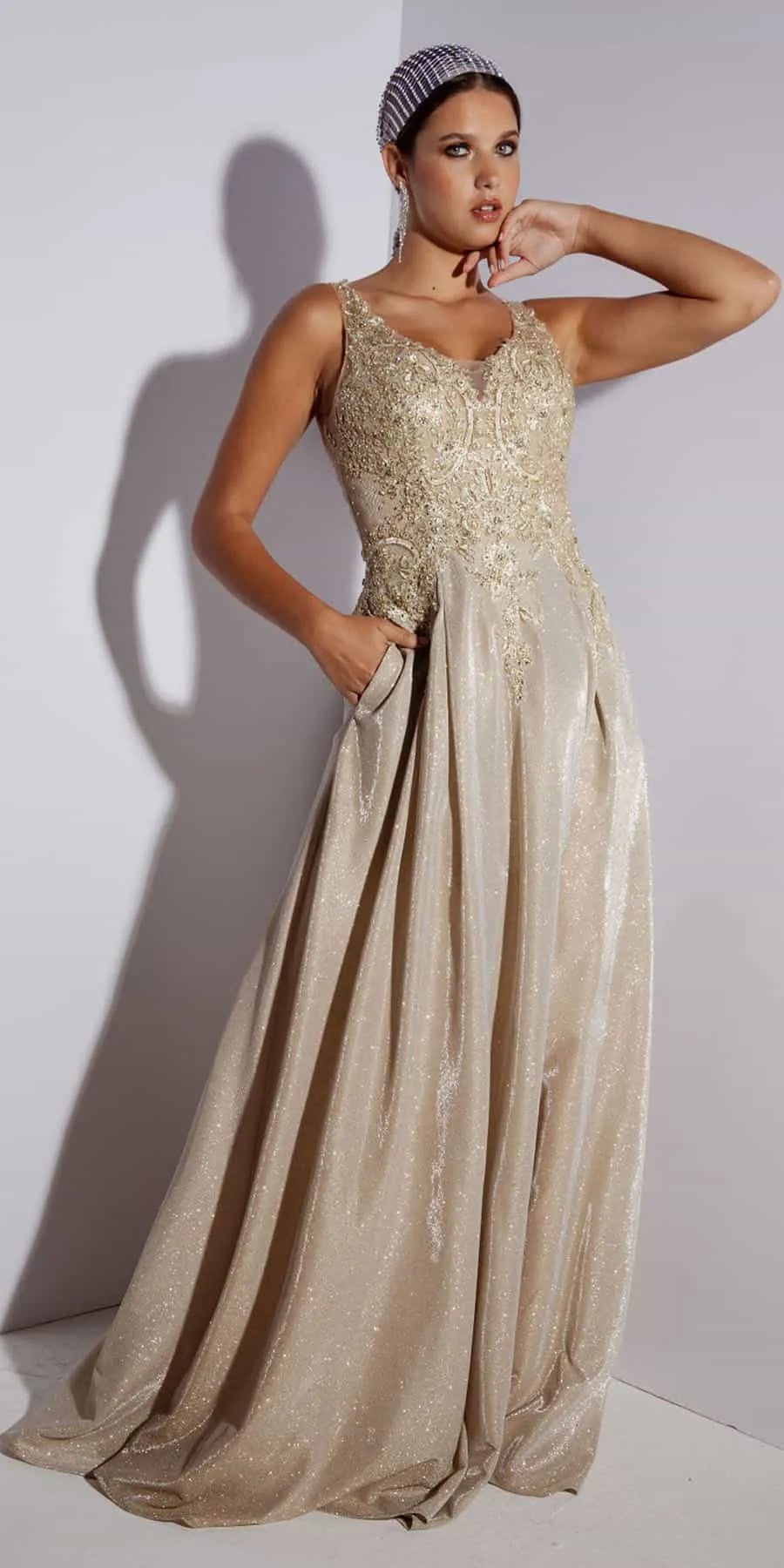 Eureka 9606 Shimmering Long Dress Appliqued Bodice