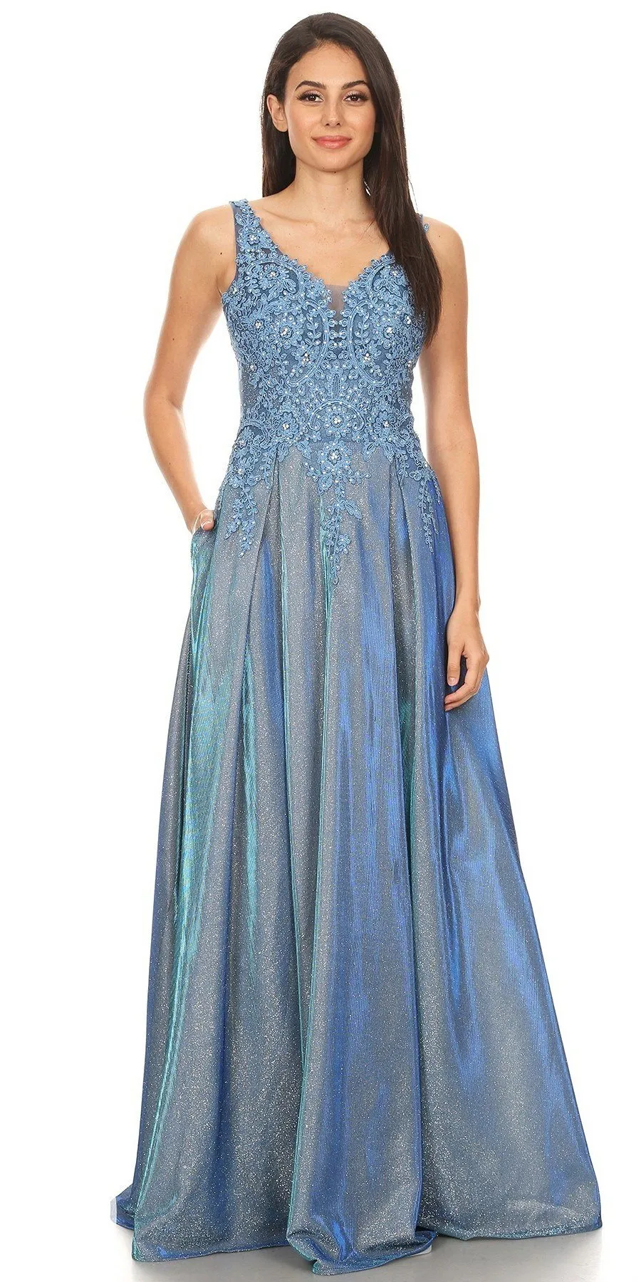Eureka 9606 Shimmering Long Dress Appliqued Bodice