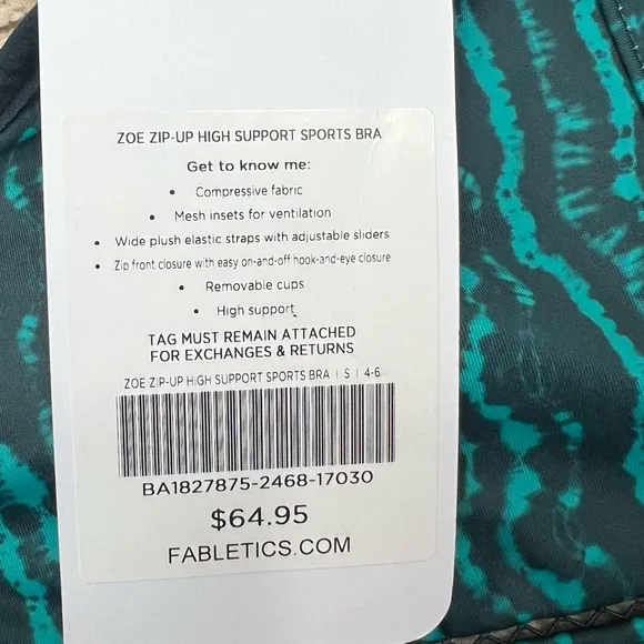 Fabletics Zoe Zip Up High Support Sports Bra Tidal Athletic Gym Training