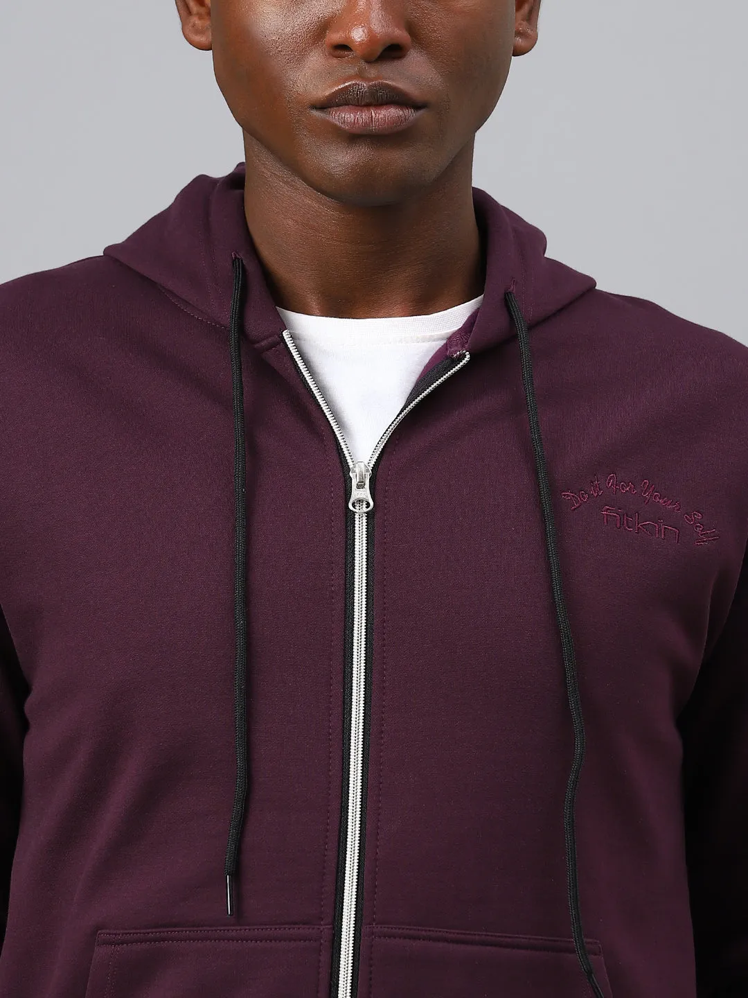 Fitkin Men Purple Zipper Fleece Hooded Jacket
