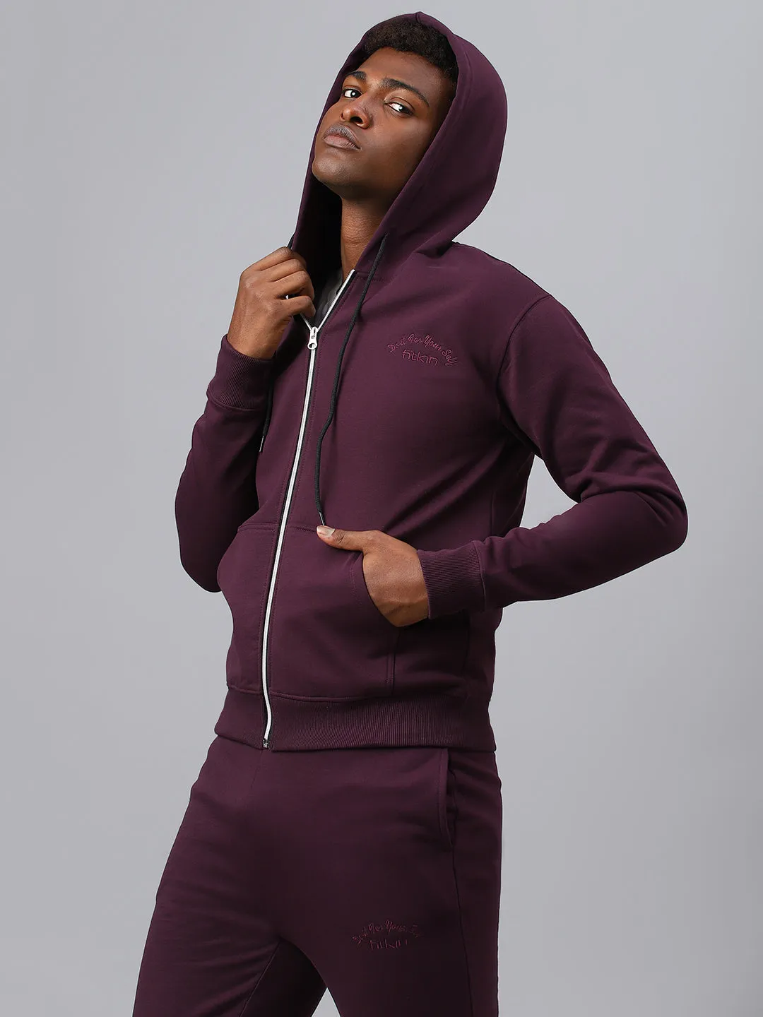Fitkin Men Purple Zipper Fleece Hooded Jacket