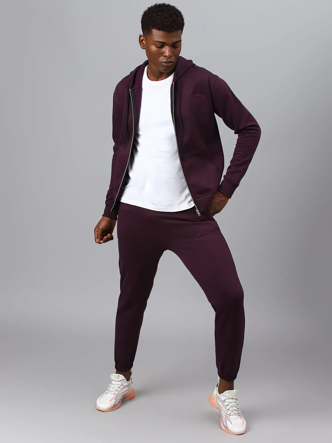 Fitkin Men Purple Zipper Fleece Hooded Jacket