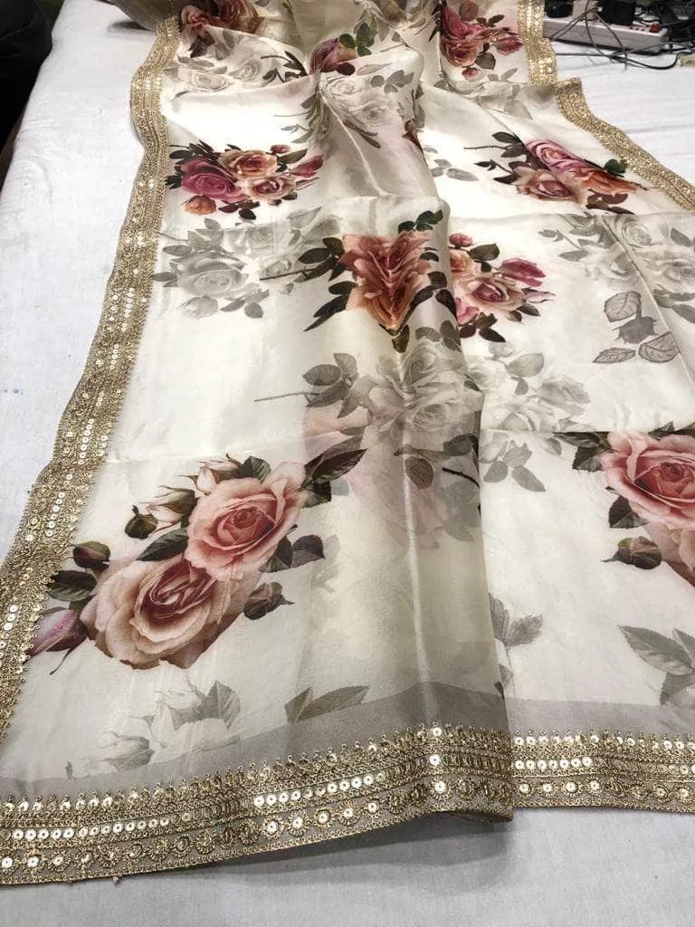 Floral printed Anushka Sharma Georgette Saree with embellished  Sequins Lace Border