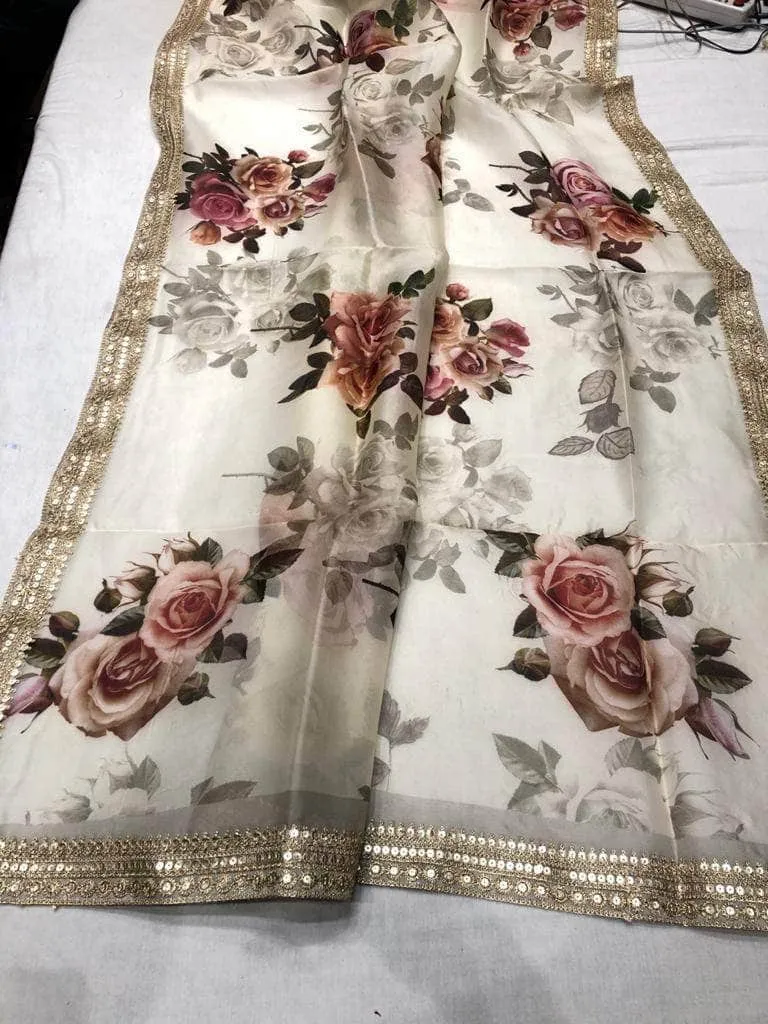 Floral printed Anushka Sharma Georgette Saree with embellished  Sequins Lace Border
