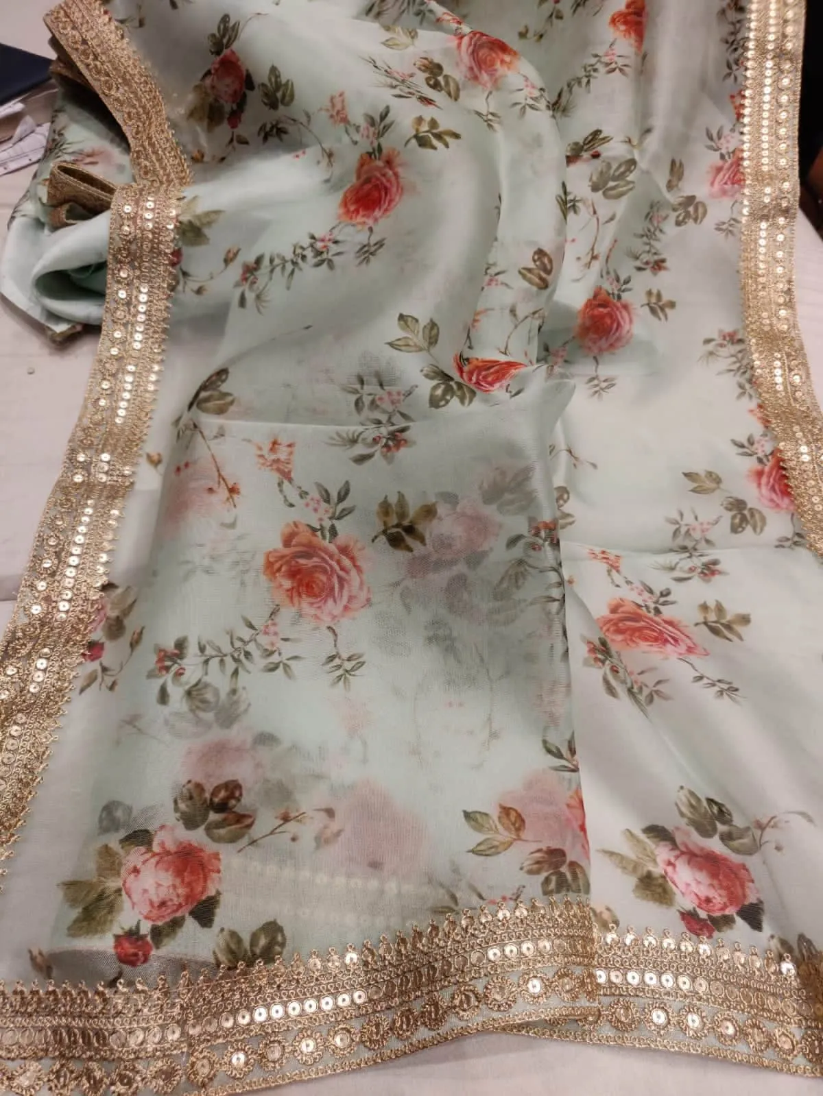 Floral printed Anushka Sharma Georgette Saree with embellished  Sequins Lace Border