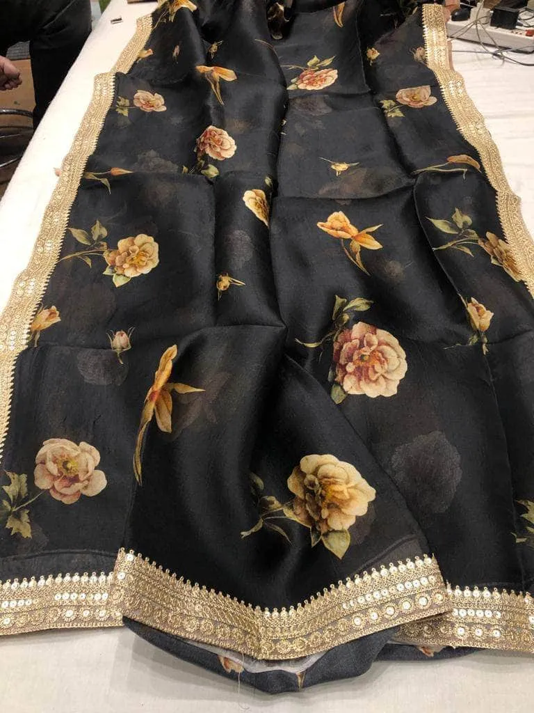Floral printed Anushka Sharma Georgette Saree with embellished  Sequins Lace Border