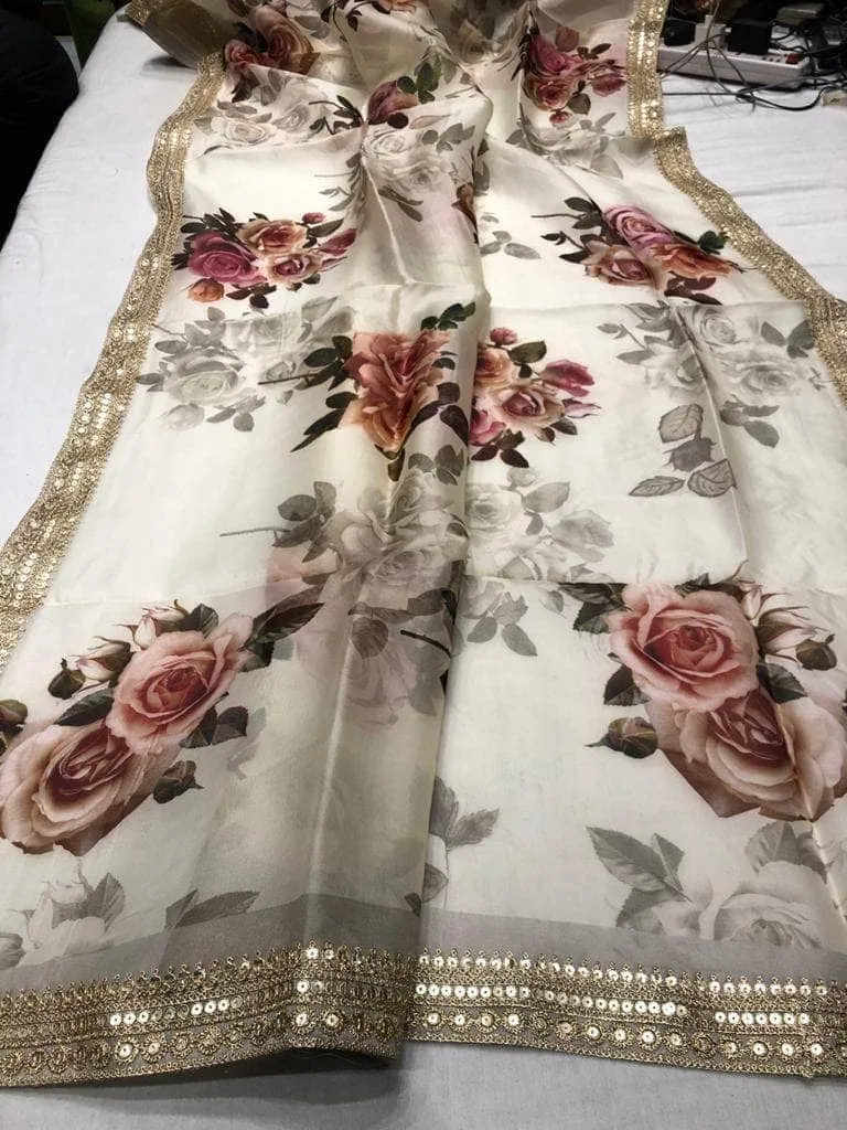 Floral printed Anushka Sharma Georgette Saree with embellished  Sequins Lace Border
