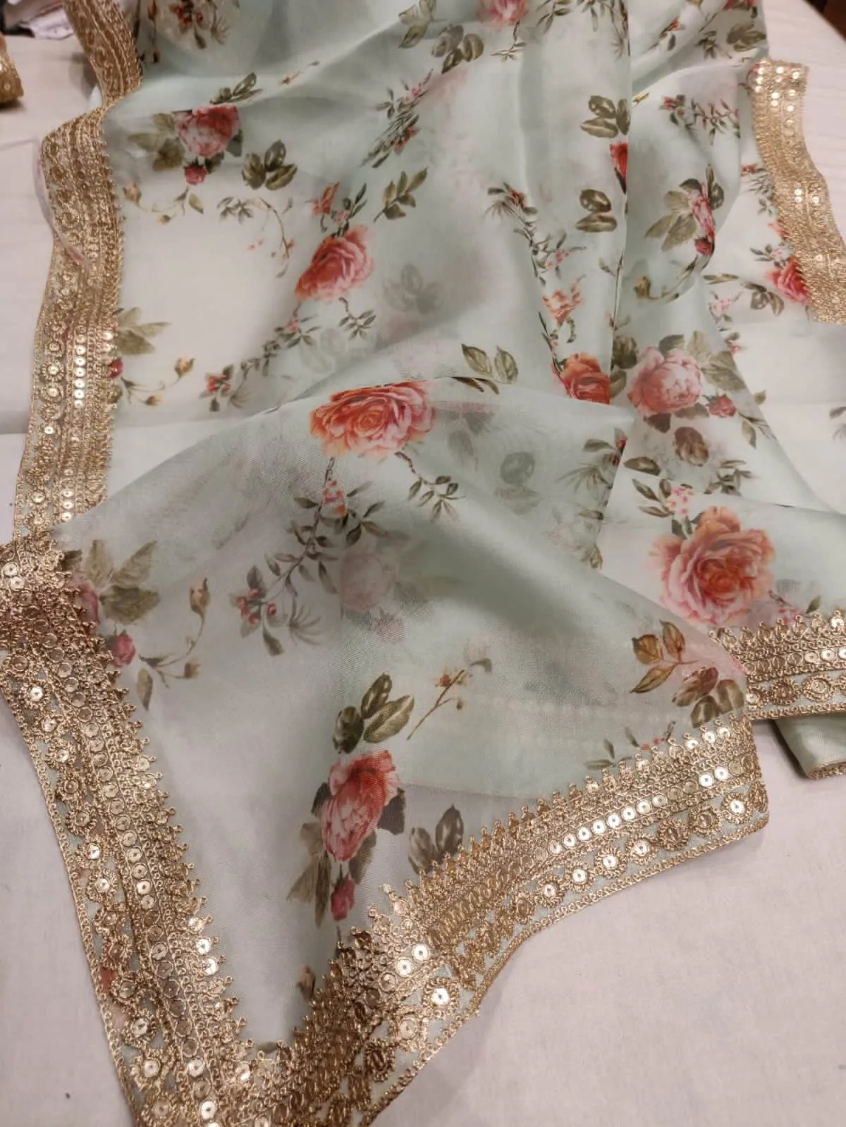Floral printed Anushka Sharma Georgette Saree with embellished  Sequins Lace Border