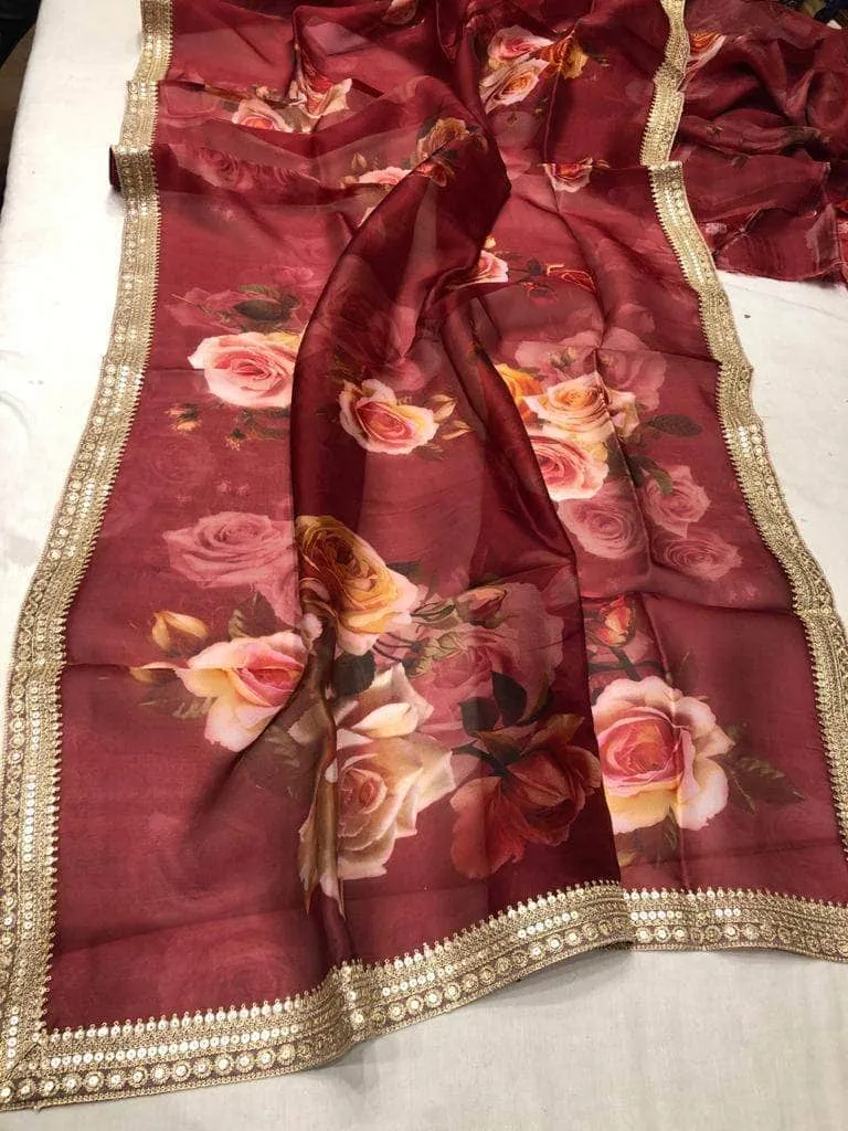 Floral printed Anushka Sharma Georgette Saree with embellished  Sequins Lace Border
