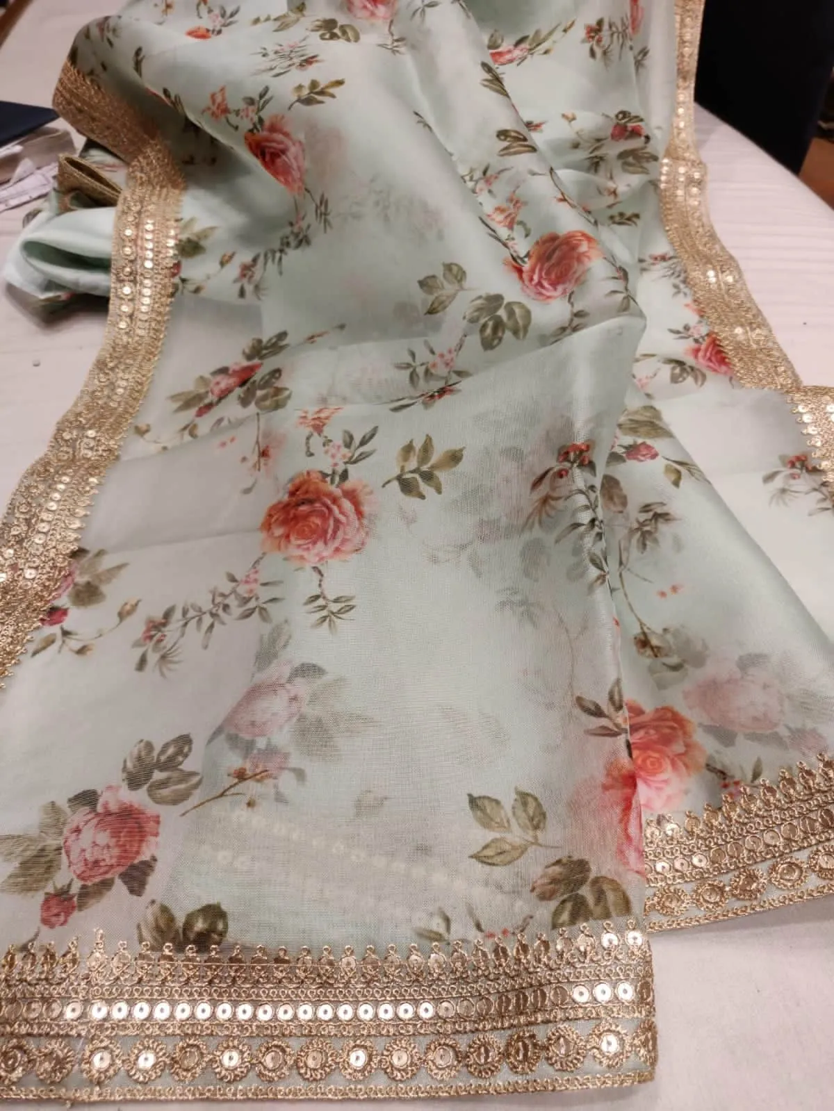 Floral printed Anushka Sharma Georgette Saree with embellished  Sequins Lace Border