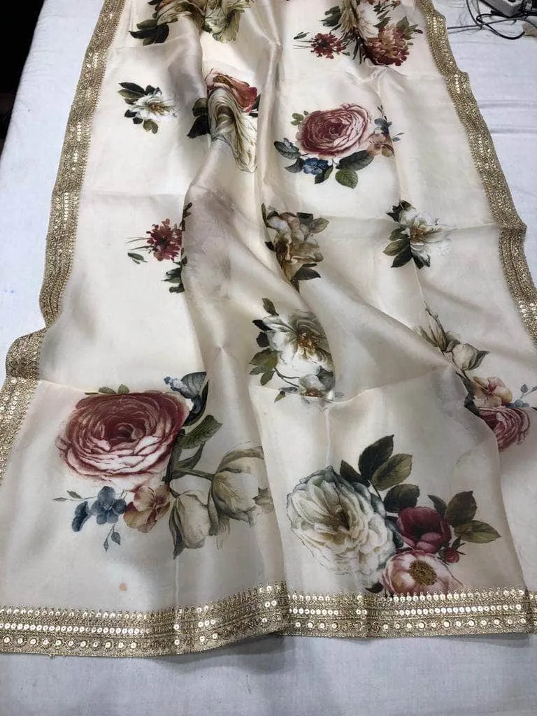 Floral printed Anushka Sharma Georgette Saree with embellished  Sequins Lace Border