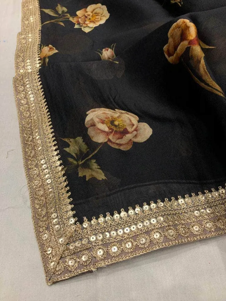 Floral printed Anushka Sharma Georgette Saree with embellished  Sequins Lace Border