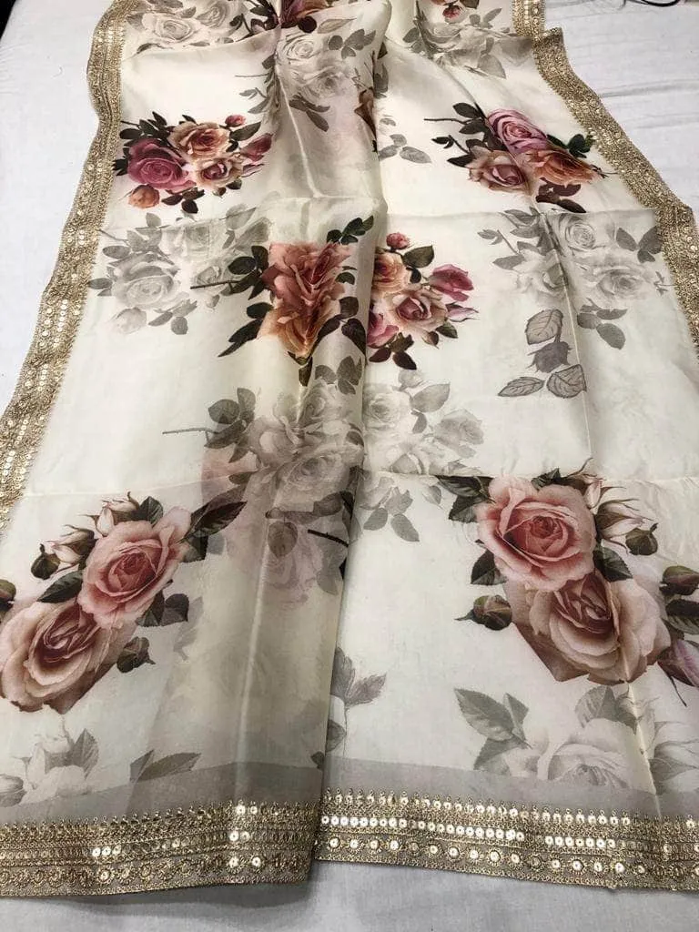 Floral printed Anushka Sharma Georgette Saree with embellished  Sequins Lace Border