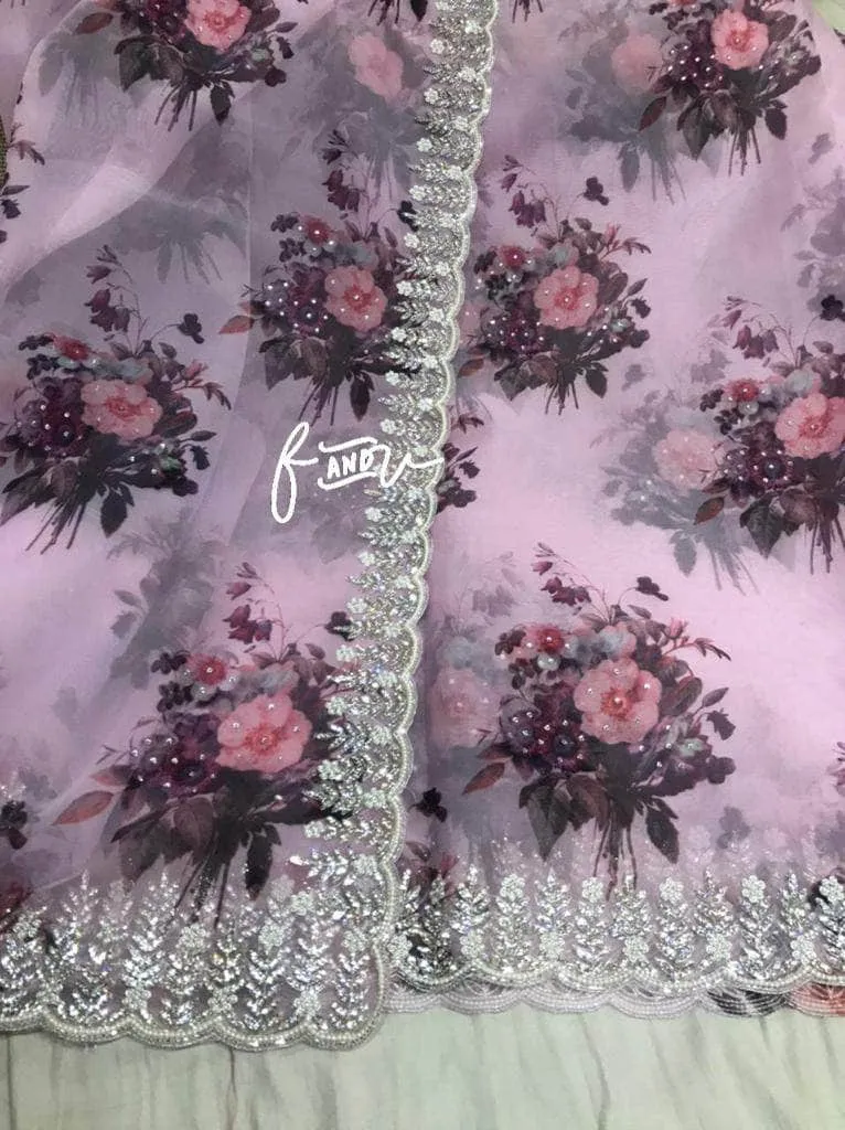Floral printed Georgette Saree with Sequins Lace Border