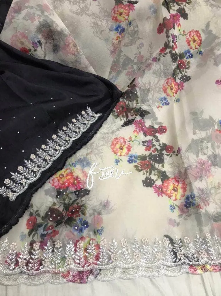 Floral printed Georgette Saree with Sequins Lace Border