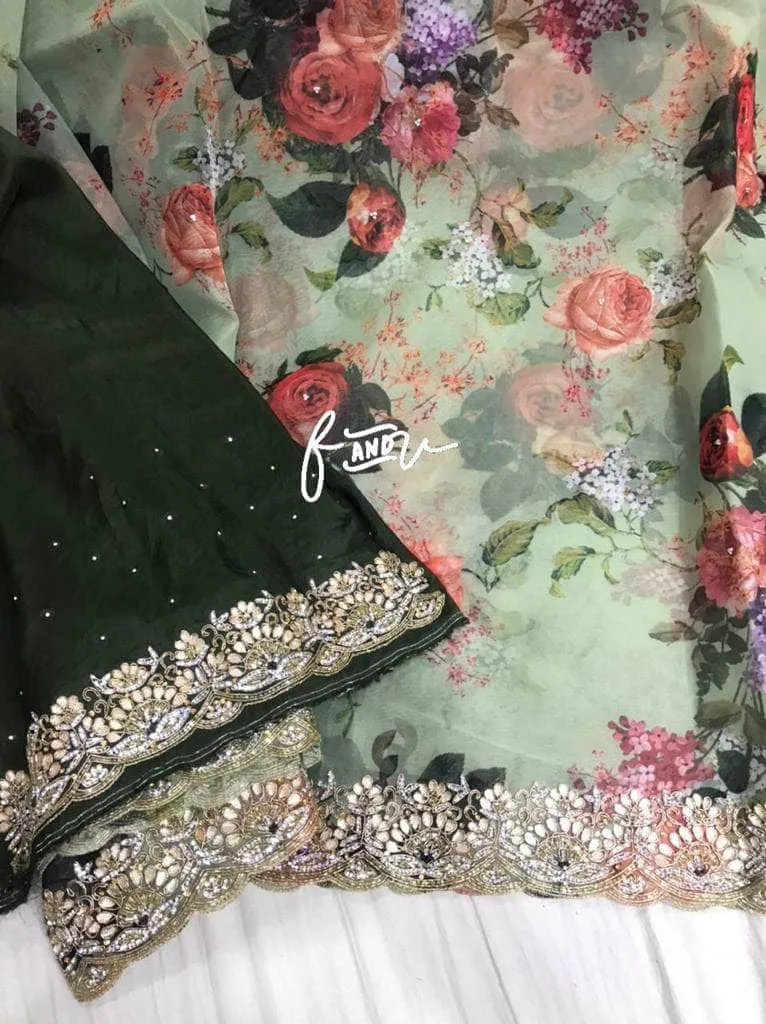 Floral printed Georgette Saree with Sequins Lace Border