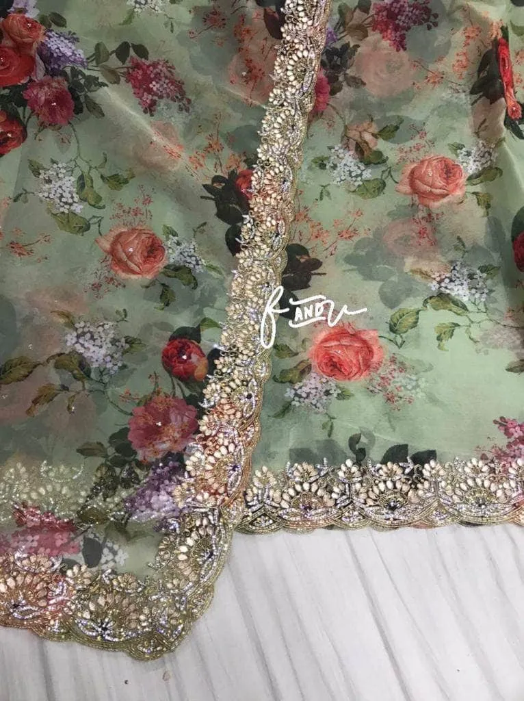 Floral printed Georgette Saree with Sequins Lace Border