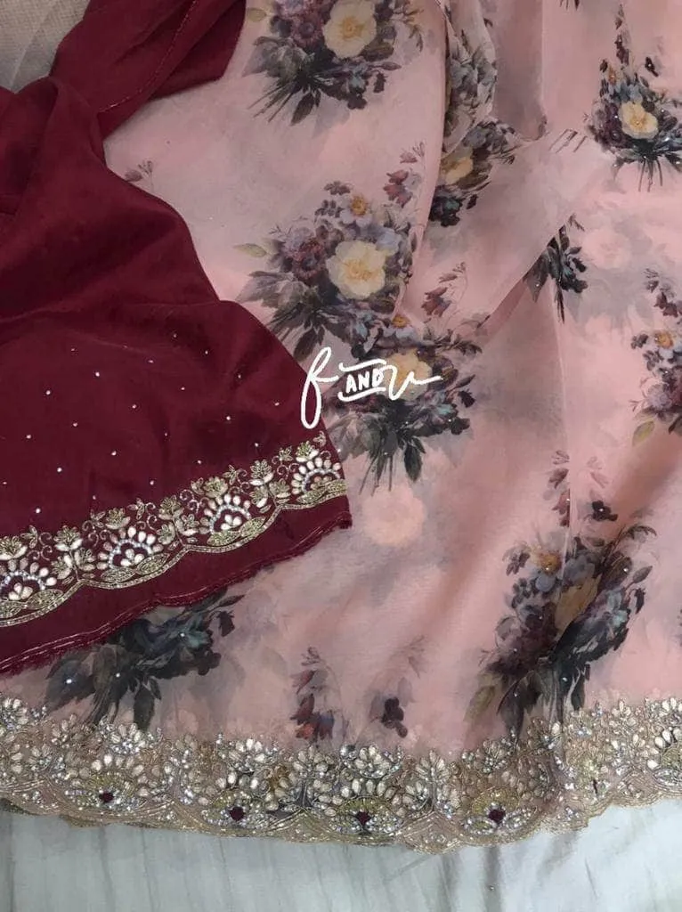 Floral printed Georgette Saree with Sequins Lace Border