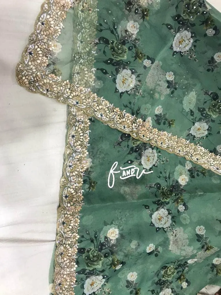 Floral printed Georgette Saree with Sequins Lace Border
