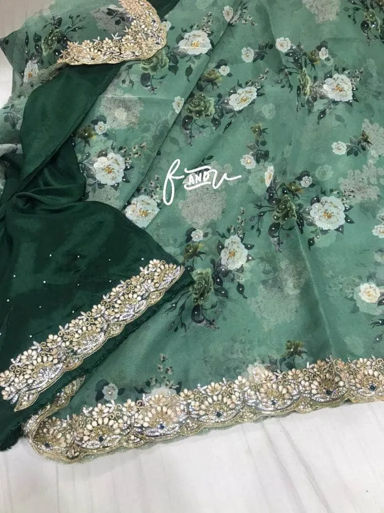 Floral printed Georgette Saree with Sequins Lace Border