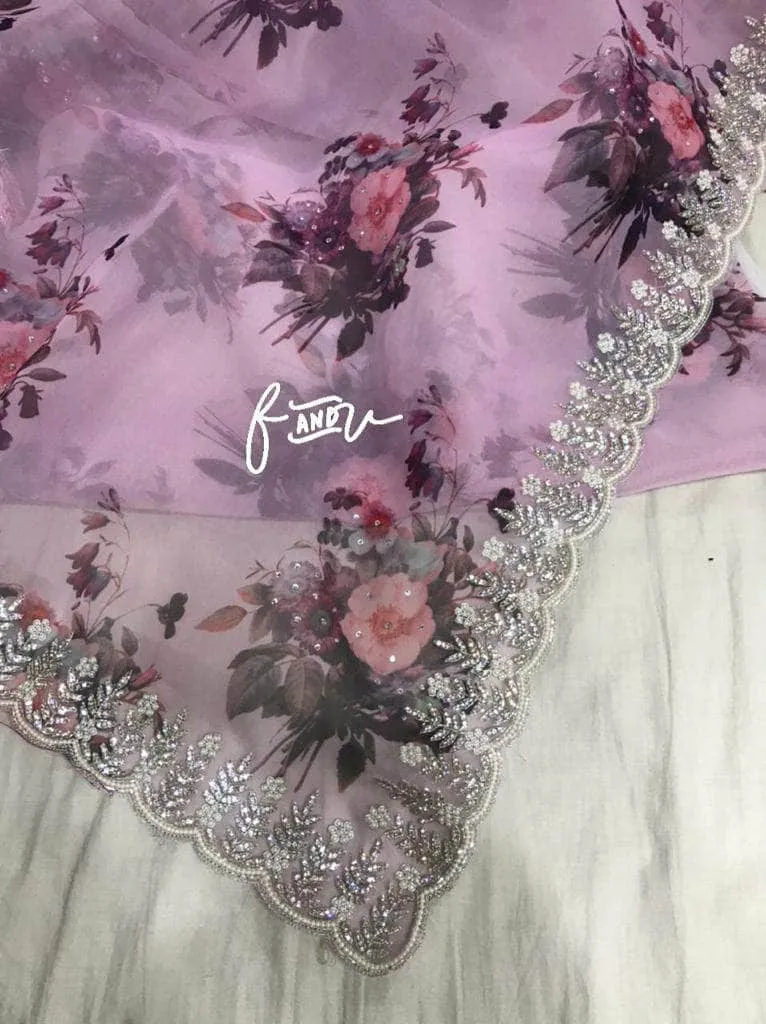 Floral printed Georgette Saree with Sequins Lace Border