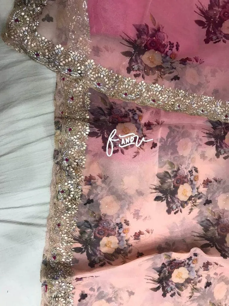 Floral printed Georgette Saree with Sequins Lace Border