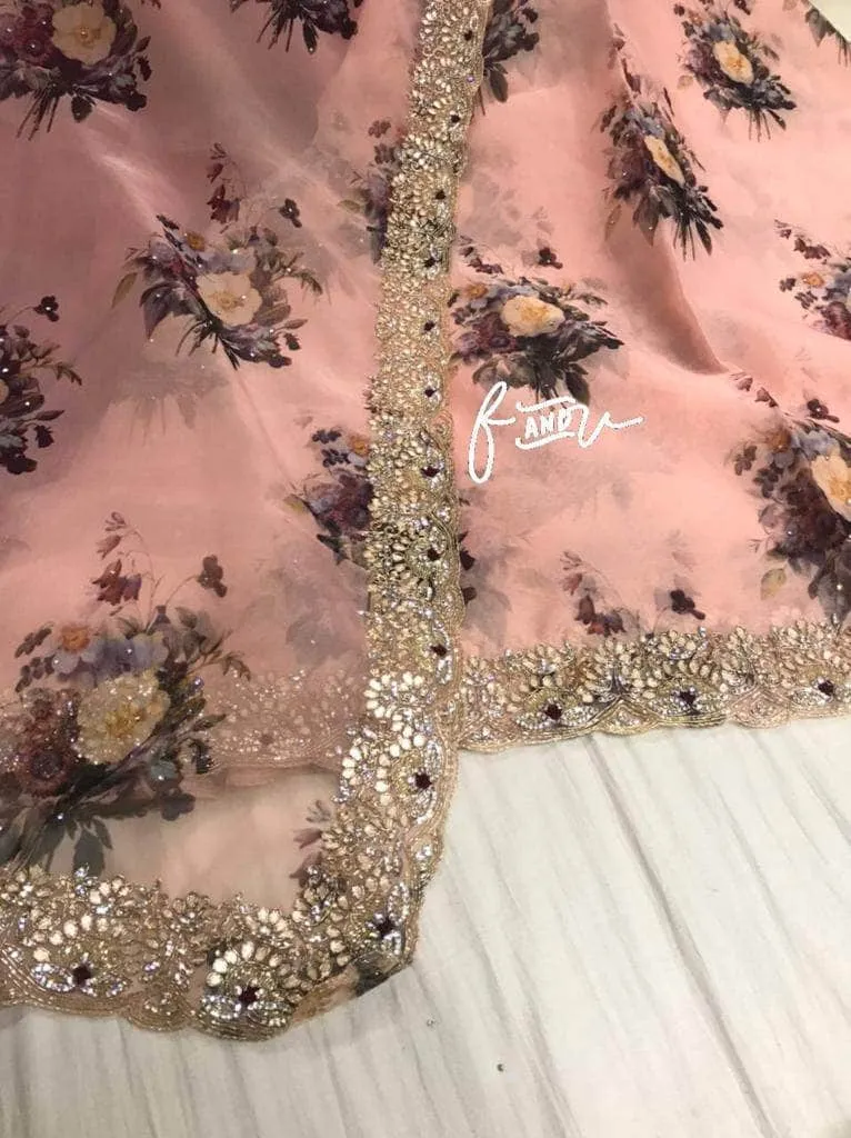 Floral printed Georgette Saree with Sequins Lace Border