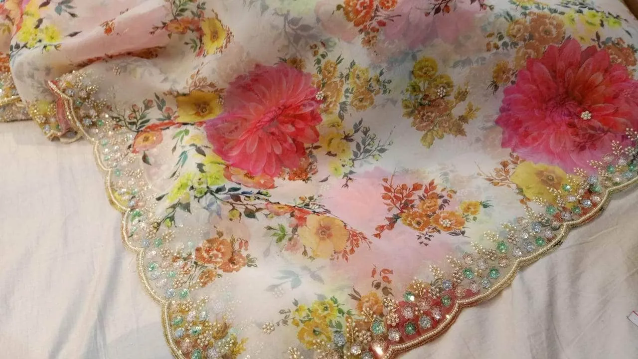 Floral printed Georgette with Sequins Lace Border