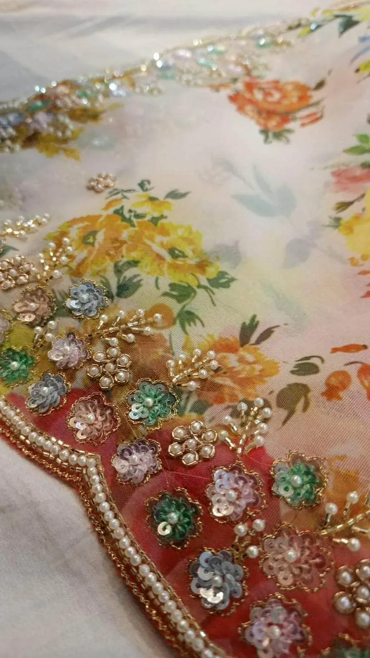 Floral printed Georgette with Sequins Lace Border