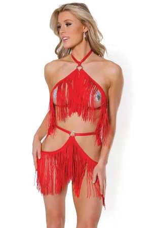 Fringe Harness & Crotchless Panty In Red - Coquette