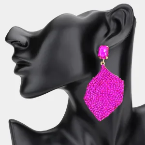 Fuchsia Rhinestone Embellished Fun Fashion Leaf Shaped Earrings | Headshot Earrings |  607506
