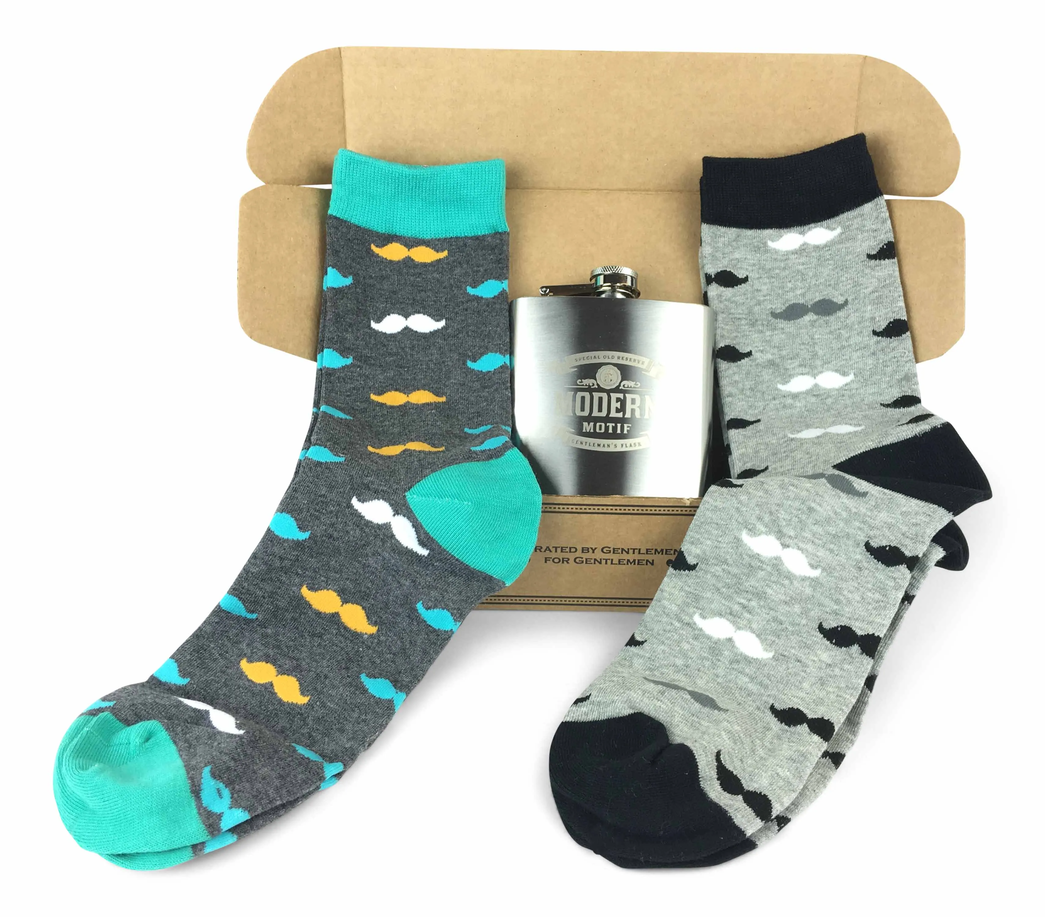 Geometric Set colorful Fun Power Socks 2 with 6oz Flask - Gift Box