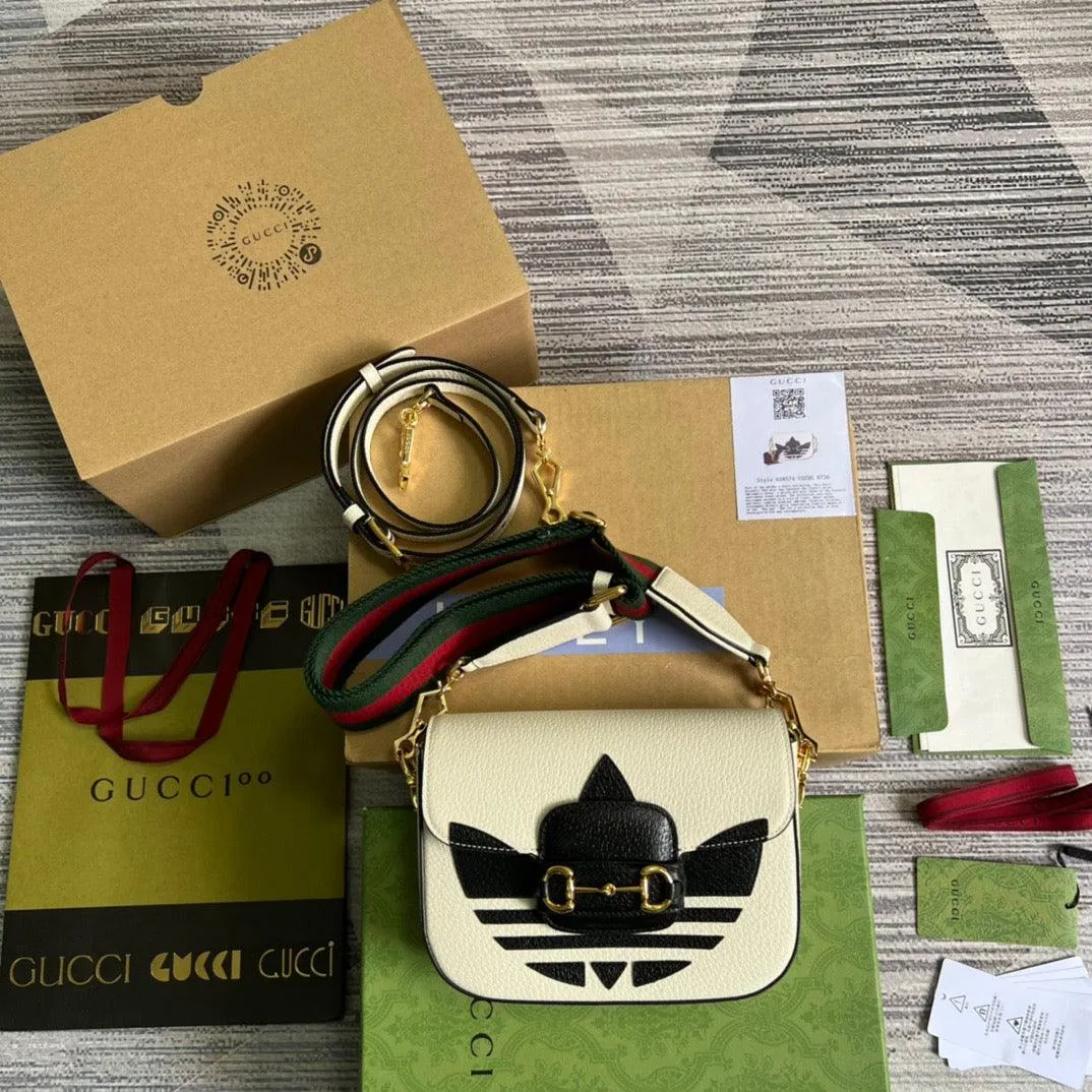 gg x Adidas Horsebit 1955 Mini Bag White For Women, Women&#8217;s Bags 8.1in/21cm gg 658574 U3ZDG 8727