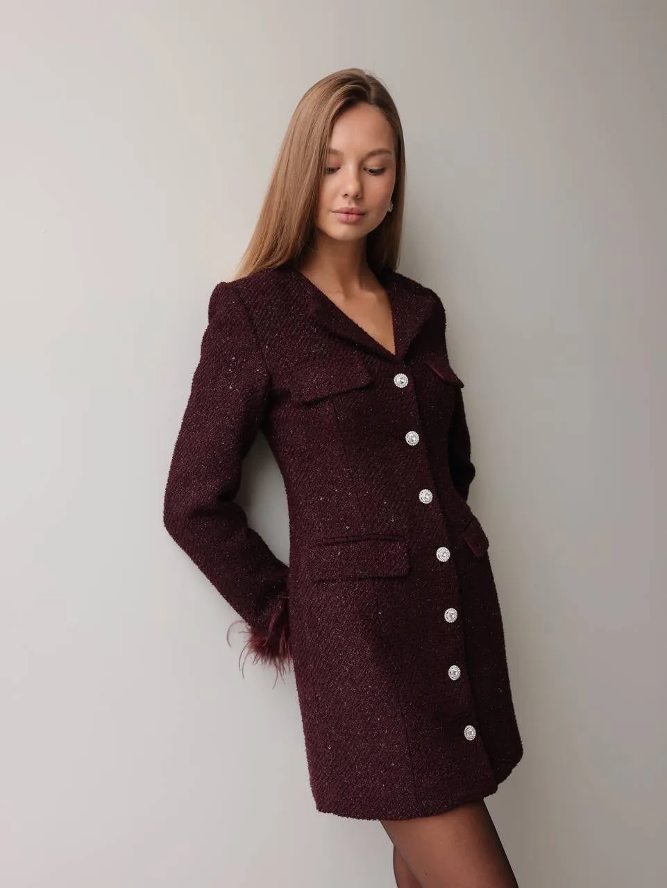 Glamorous Feather-Cuff Dress in Deep Burgundy