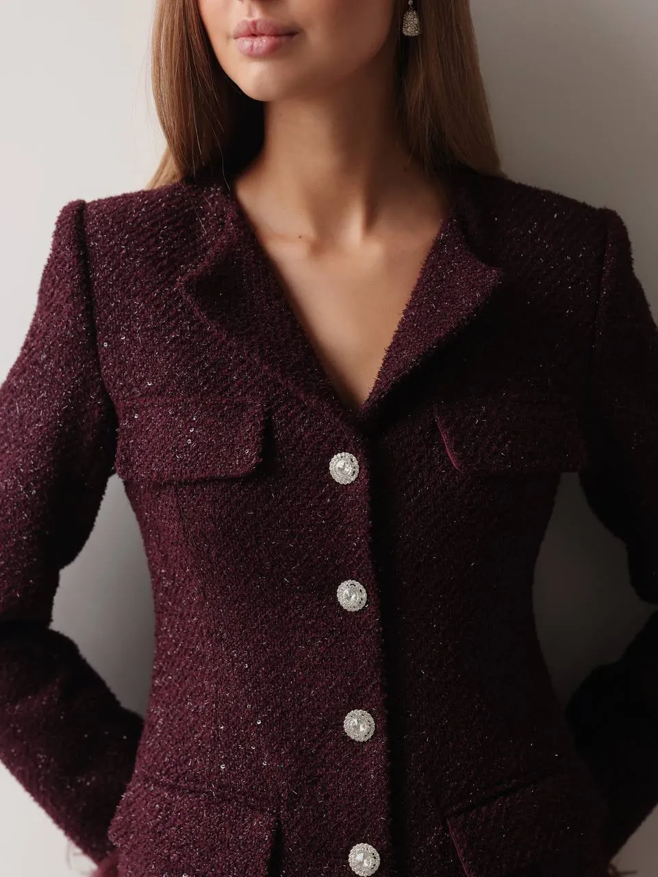 Glamorous Feather-Cuff Dress in Deep Burgundy