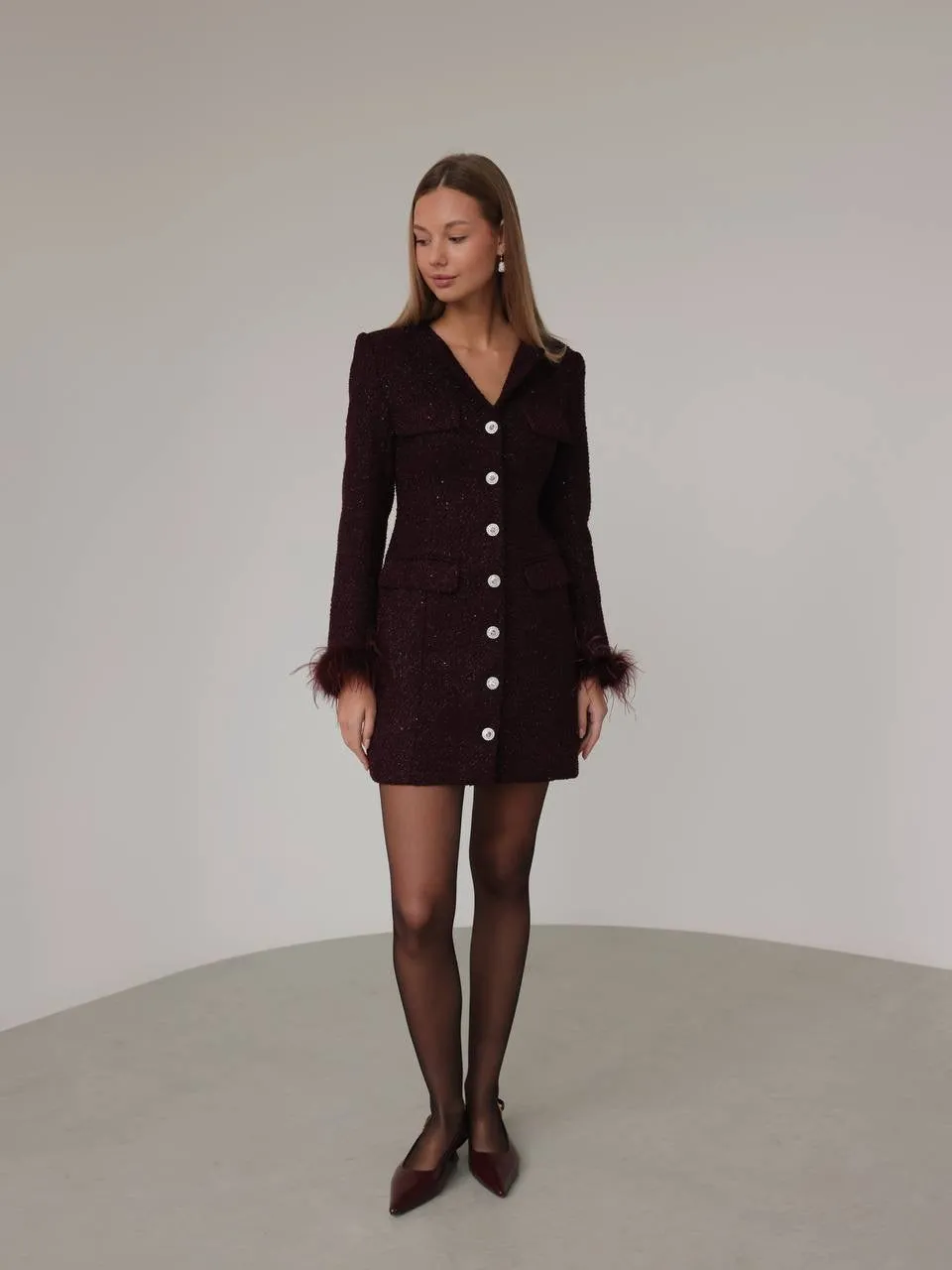 Glamorous Feather-Cuff Dress in Deep Burgundy