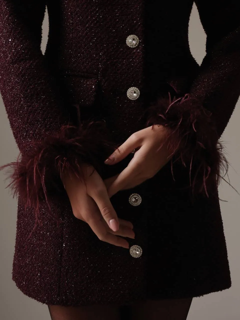 Glamorous Feather-Cuff Dress in Deep Burgundy