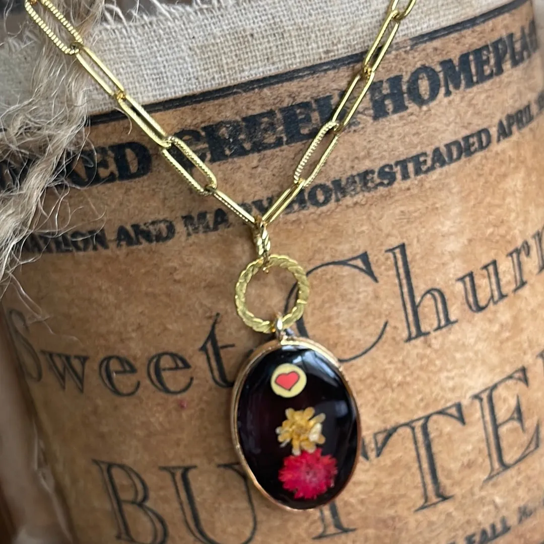 Gold Link Oval Resin Flower Necklace