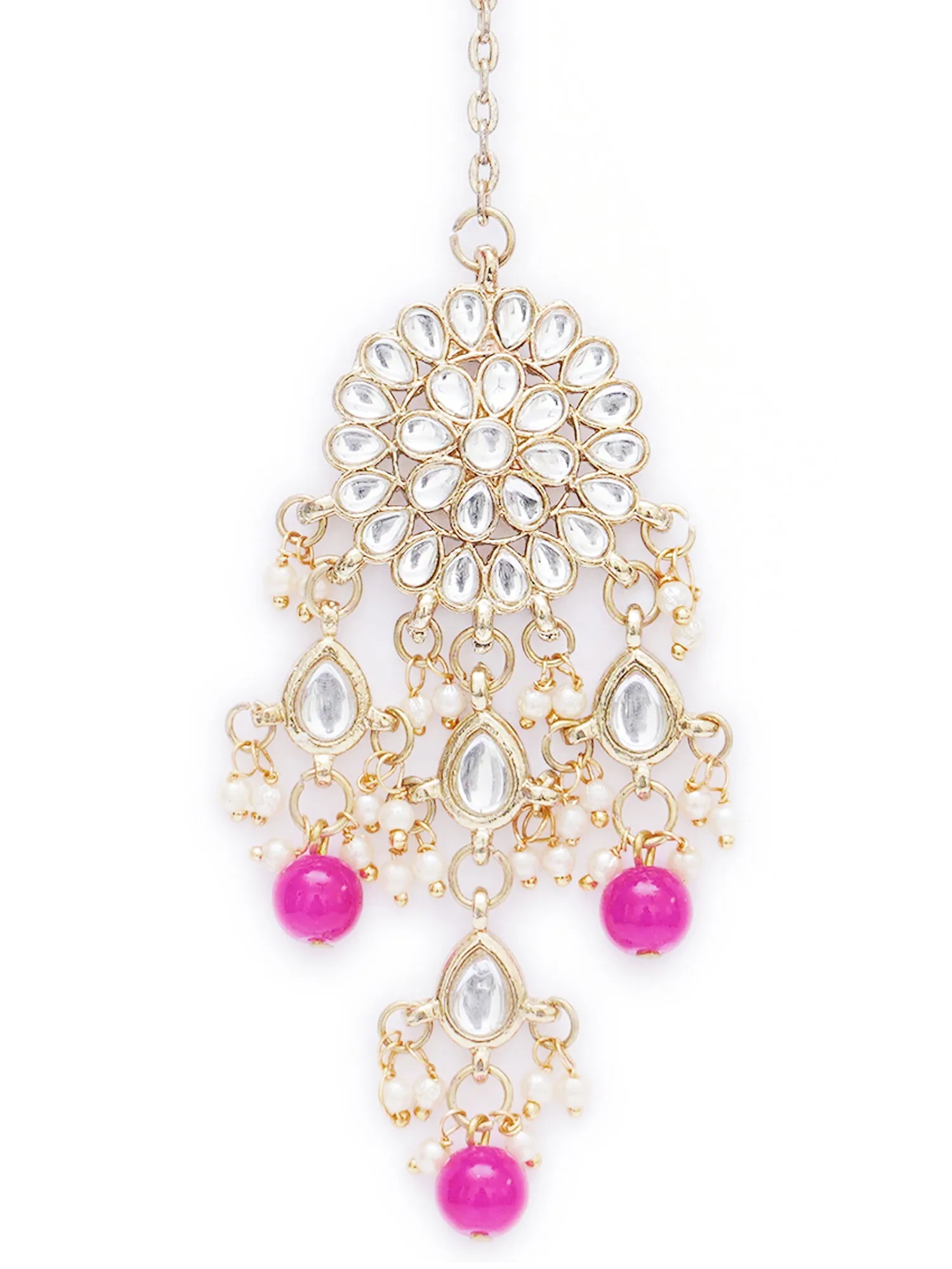 Gold Plated Embellished Pink Kundan Tassel Earrings with Maangtikka