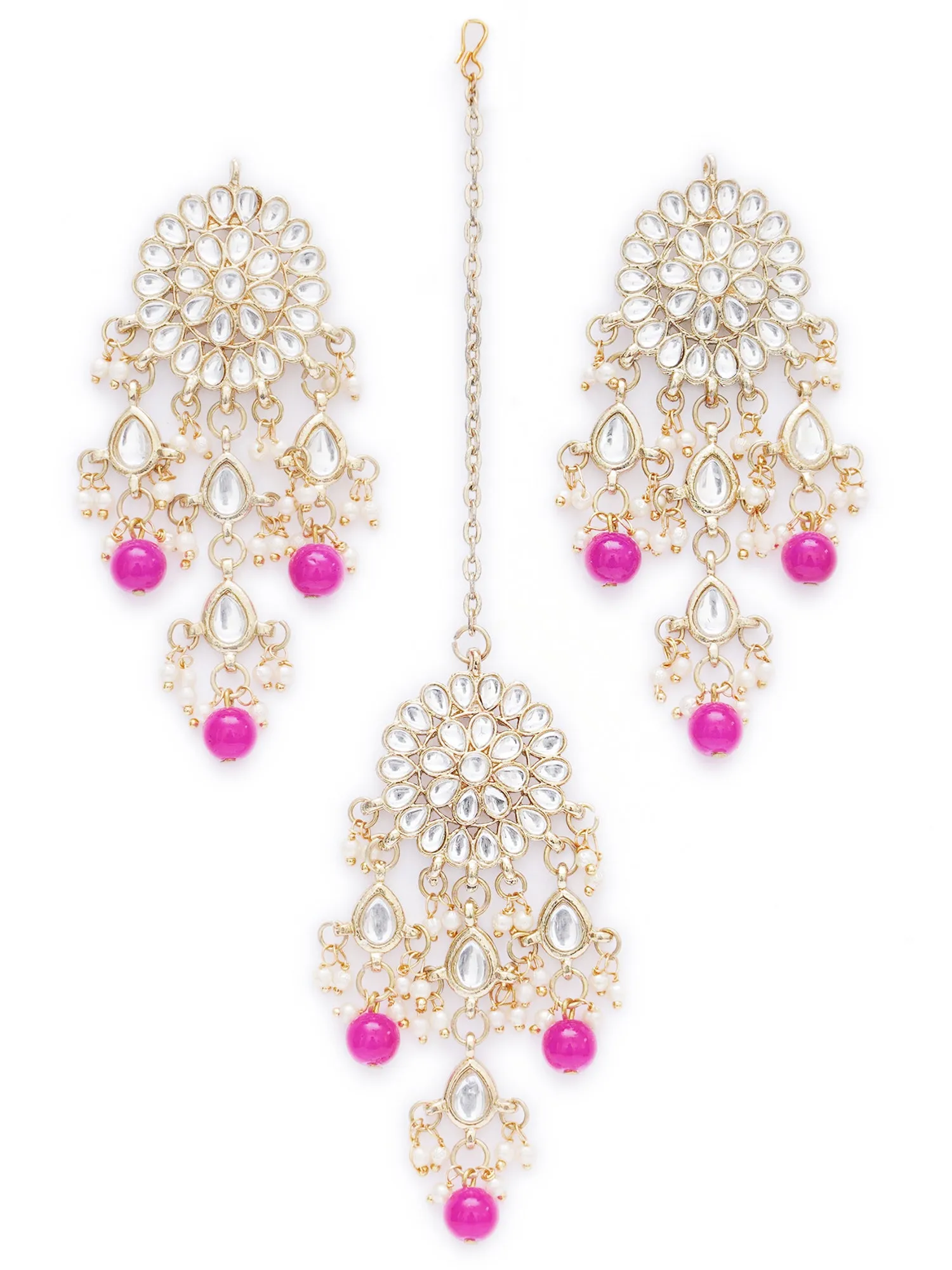 Gold Plated Embellished Pink Kundan Tassel Earrings with Maangtikka