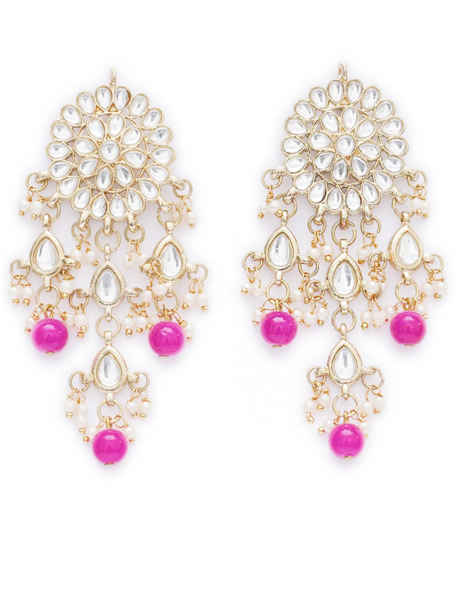 Gold Plated Embellished Pink Kundan Tassel Earrings with Maangtikka