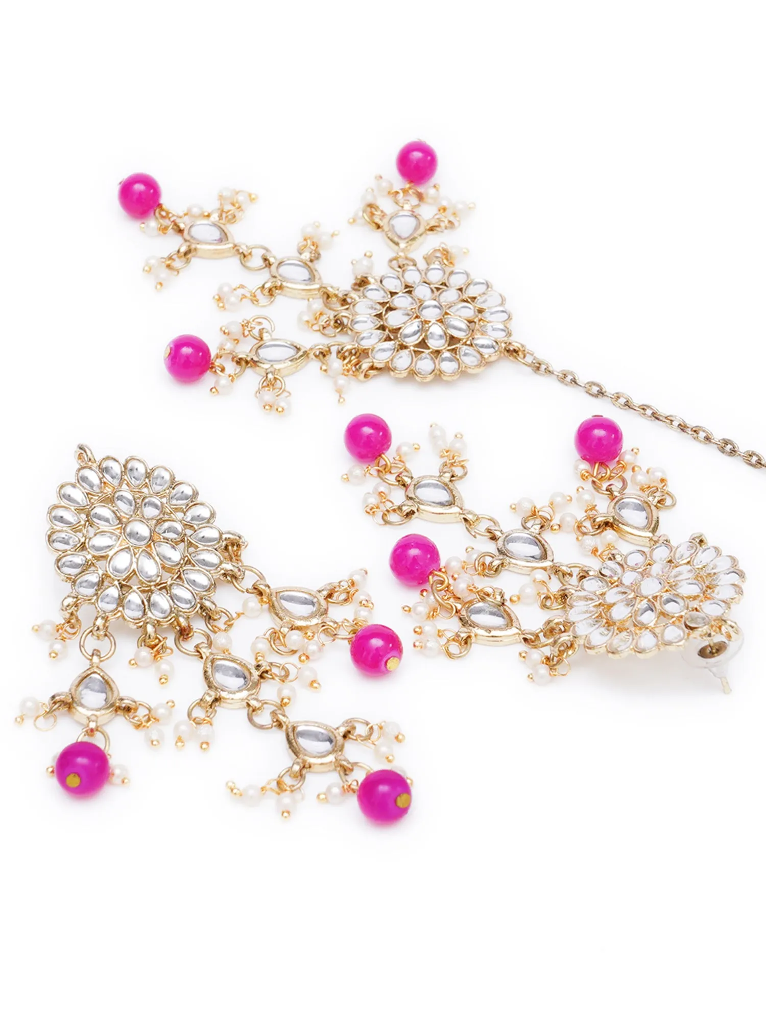 Gold Plated Embellished Pink Kundan Tassel Earrings with Maangtikka